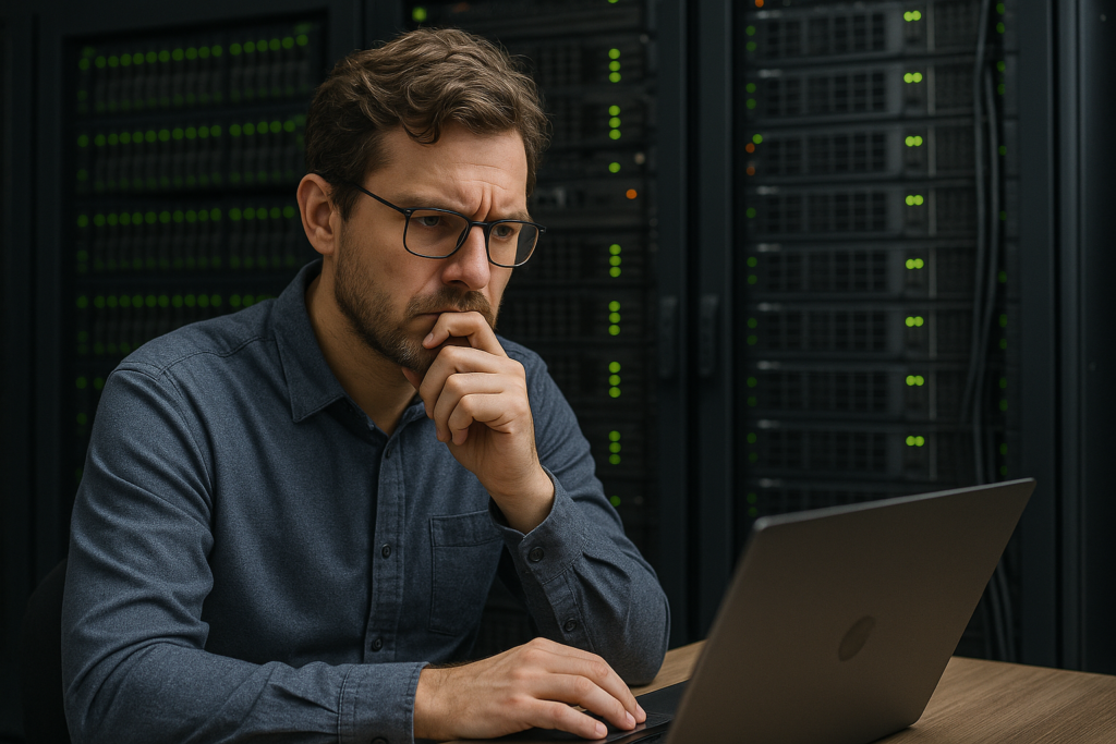 Nachdenklicher DBA vor dem Laptop